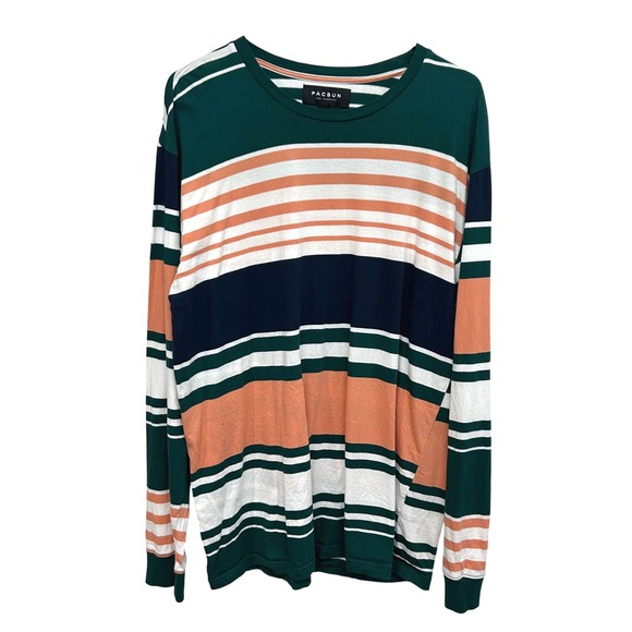 PacSun Striped Long Sleeve Shirt L Green Peach White Casual Skate Surfer - Picture 1 of 6
